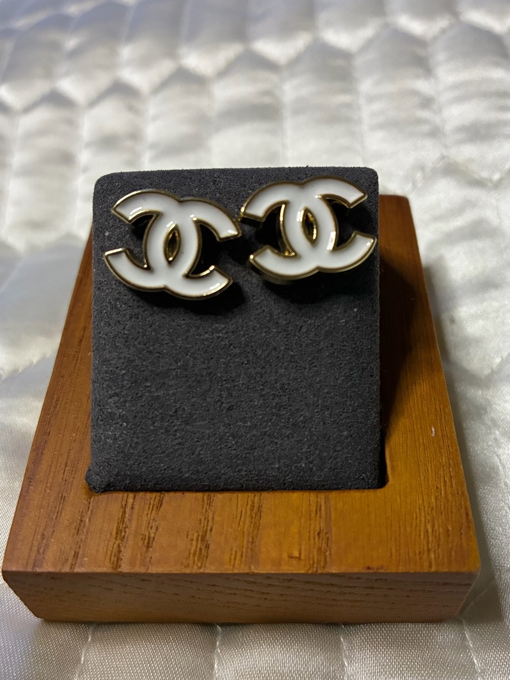 Double C White and Gold- Tone Stud Earrings Enamel Post Back Closure New
